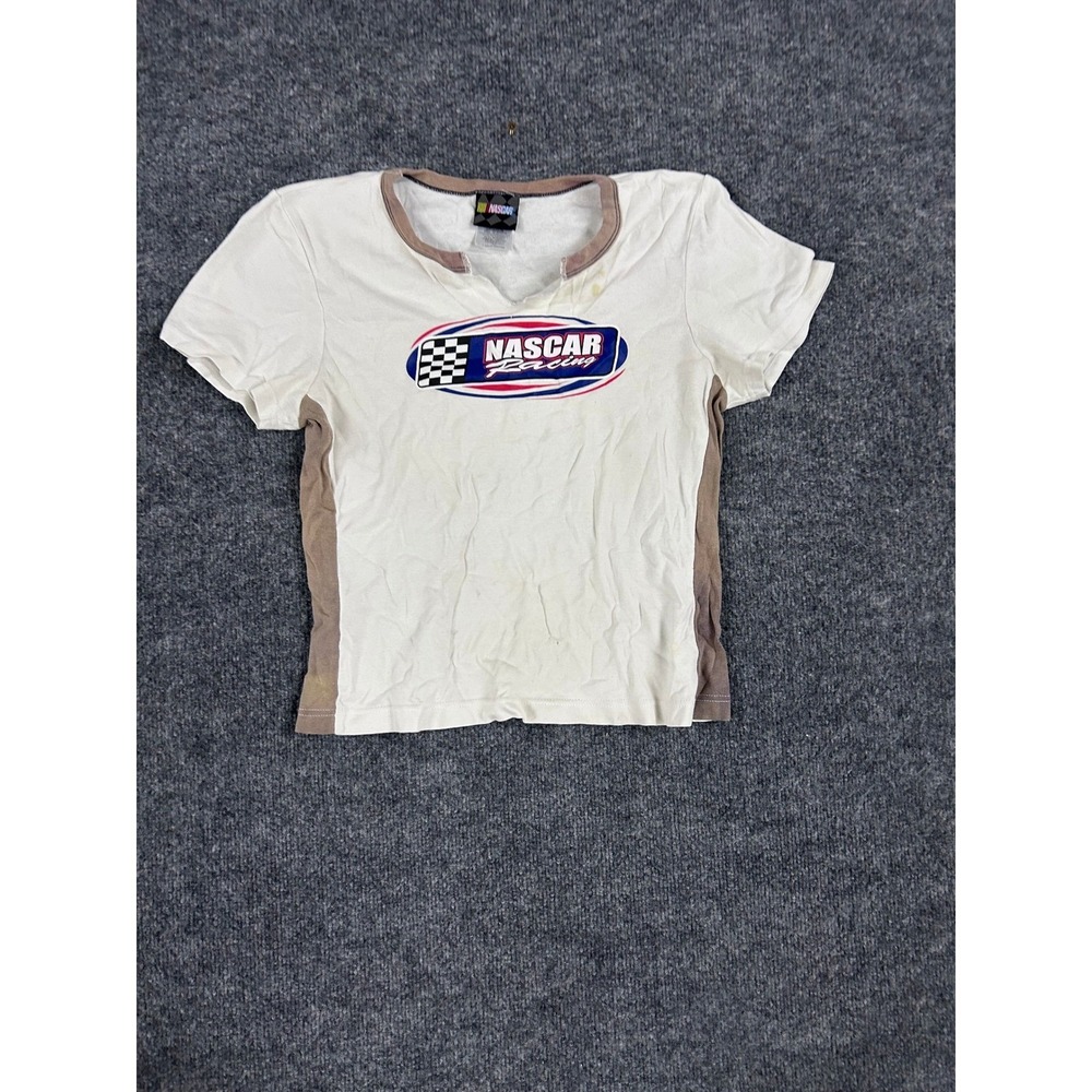 NASCAR Shirt Womens Size L White Brown Racing Graphic Short Sleeve Tee Fair